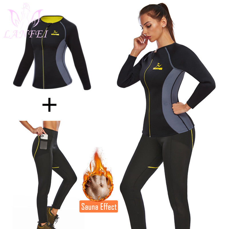 Women Sauna Slimming Pants + Top Neoprene Sweat Thermal Suits , Waist Trainer Belt Bodysuit